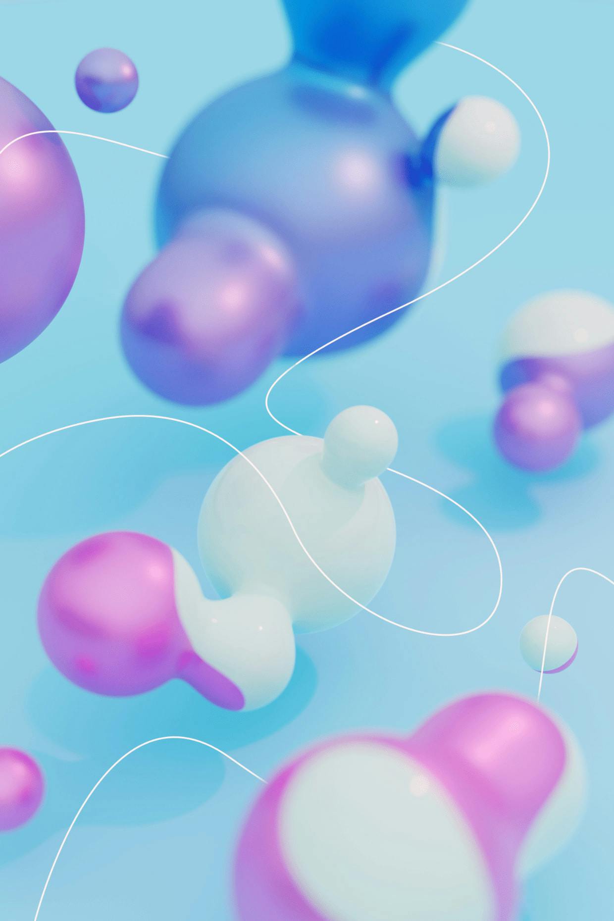 semi-glossy round blob shapes floating amidst a thin line that swirls around them 