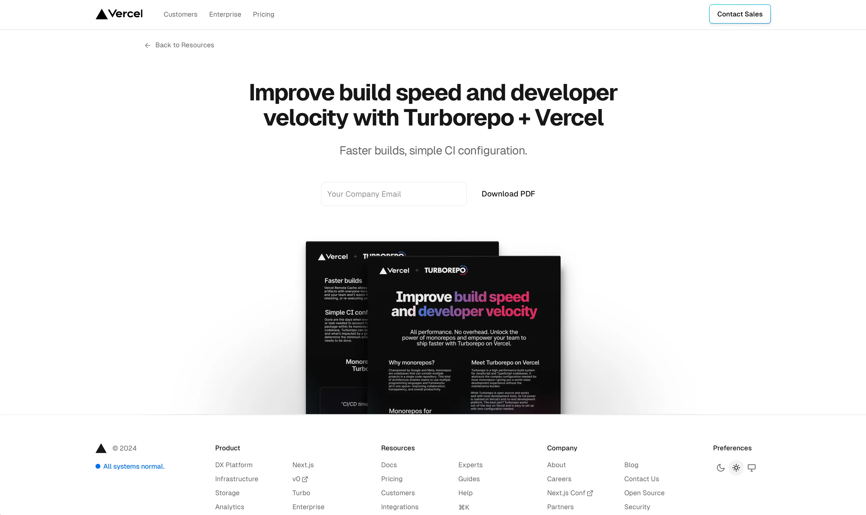 screenshot of the download page. the heading reads, "Improve build speed and developer velocity with Turborepo + Vercel". beneath the text, an email input sits beside a "Download" button. at the bottom, two slightly overlapping pages show previews of the PDF contents.
