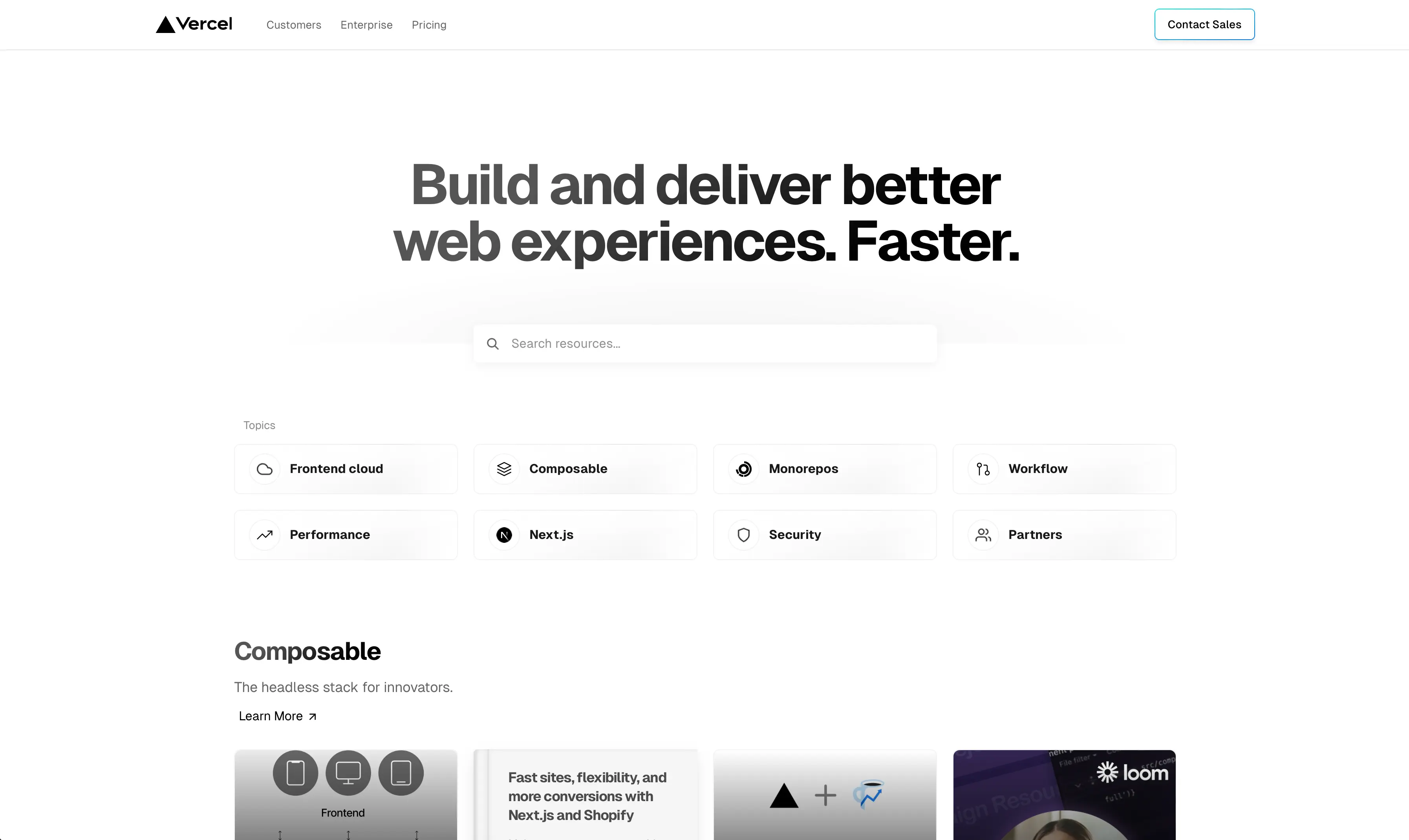 the home page of the Resource Center. the page heading reads "Build and deliver better web experiences, faster." beneath it are eight buttons linking to different topics. at the bottom of the screen, four resource cards, which link to articles, are partially visible.