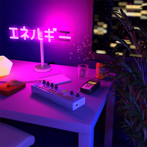 a pink neon light reading "エネルギー" illuminates a thumb piano, a sequencer, a notebook, a can of soda, and a cup of flowers on a desk