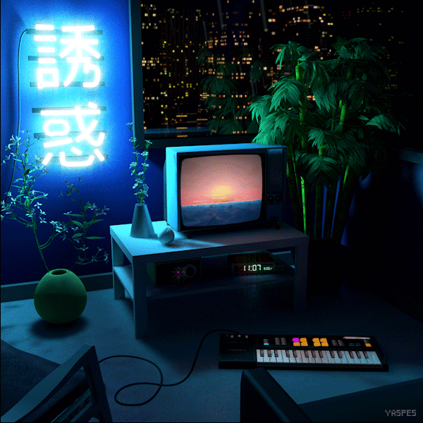 a TV showing ocean waves at sunset on loop stands in front of a neon sign on the wall reading 誘惑. a bamboo palm lies in the background. there is a keyboard synthesizer on the floor and a baseball on the TV stand. a digital clock on a shelf reads 11:07 pm
