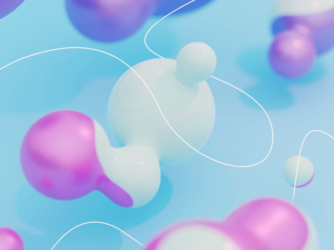 abstract blobs made of spheres morphed together. a thin winding line runs around and between the blobs.