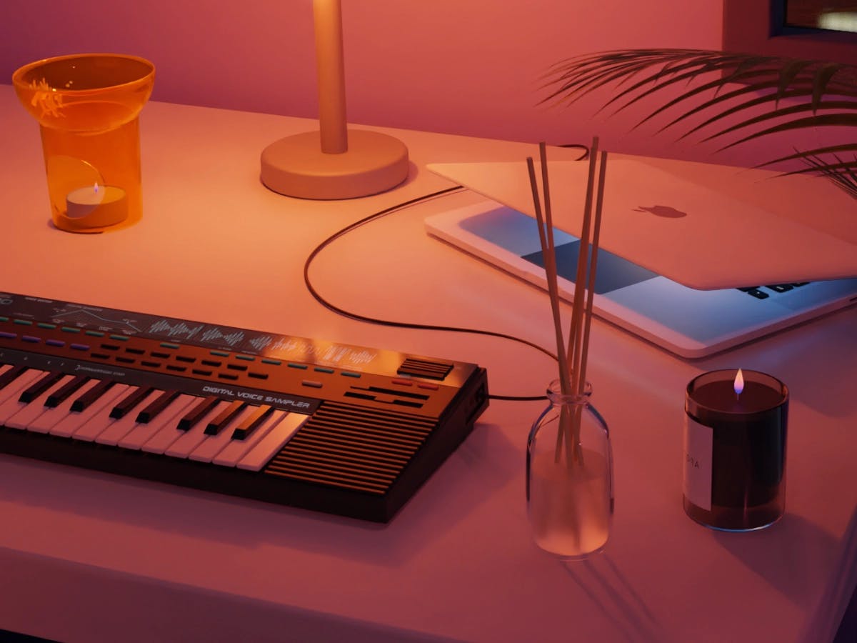 a warm, dimly lit 3D render of a desk at night. atop it are a candle, an oil diffuser, a music keyboard, and a half-closed MacBook.
