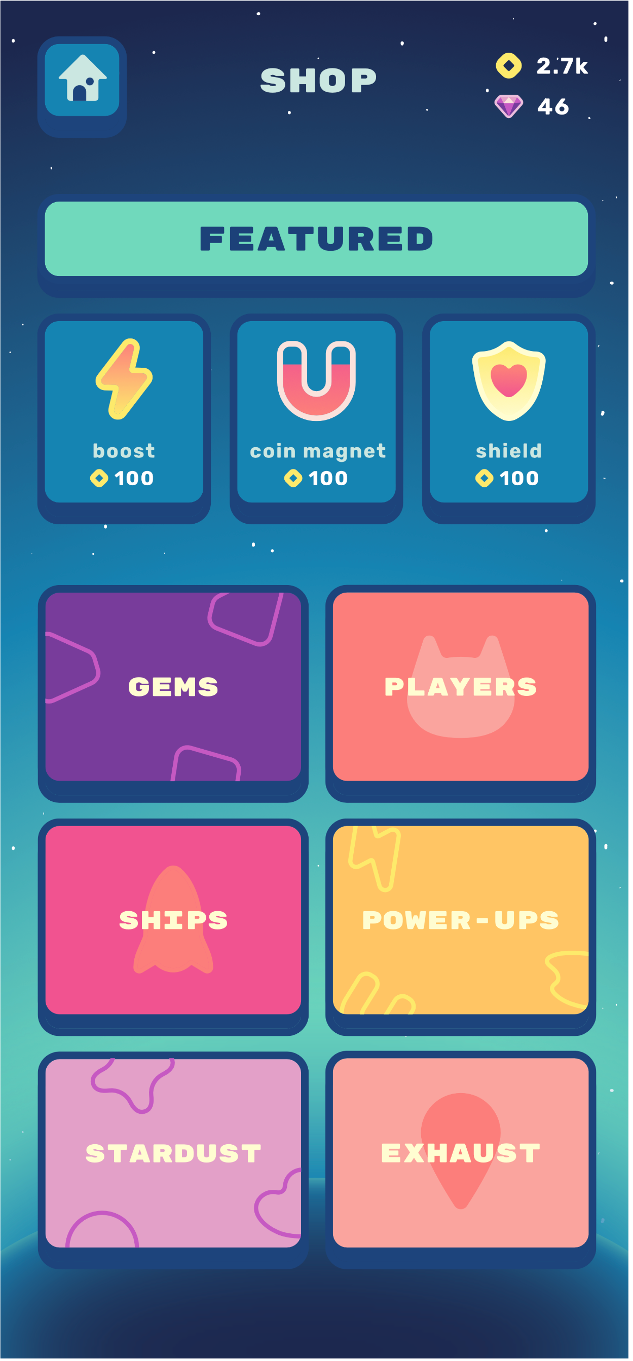 item shop landing screen showing featured items and category selection