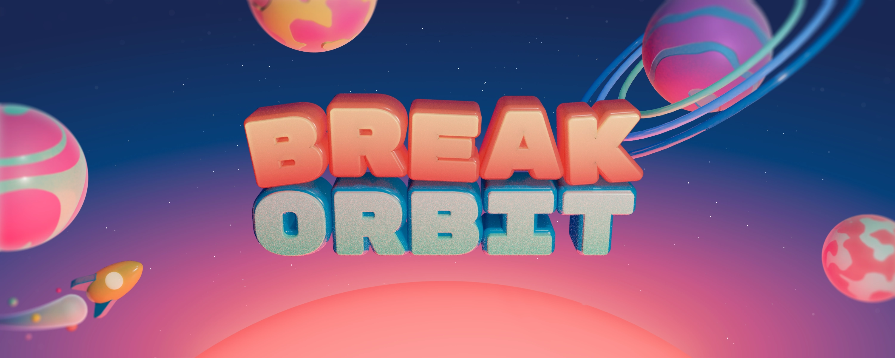a cartoonish 3D render featuring the Break Orbit logo floating in space above a large star. a three-ringed planet is in the background, beside another planet with continent-like features. to the bottom left, a rocket orbits a planet.
