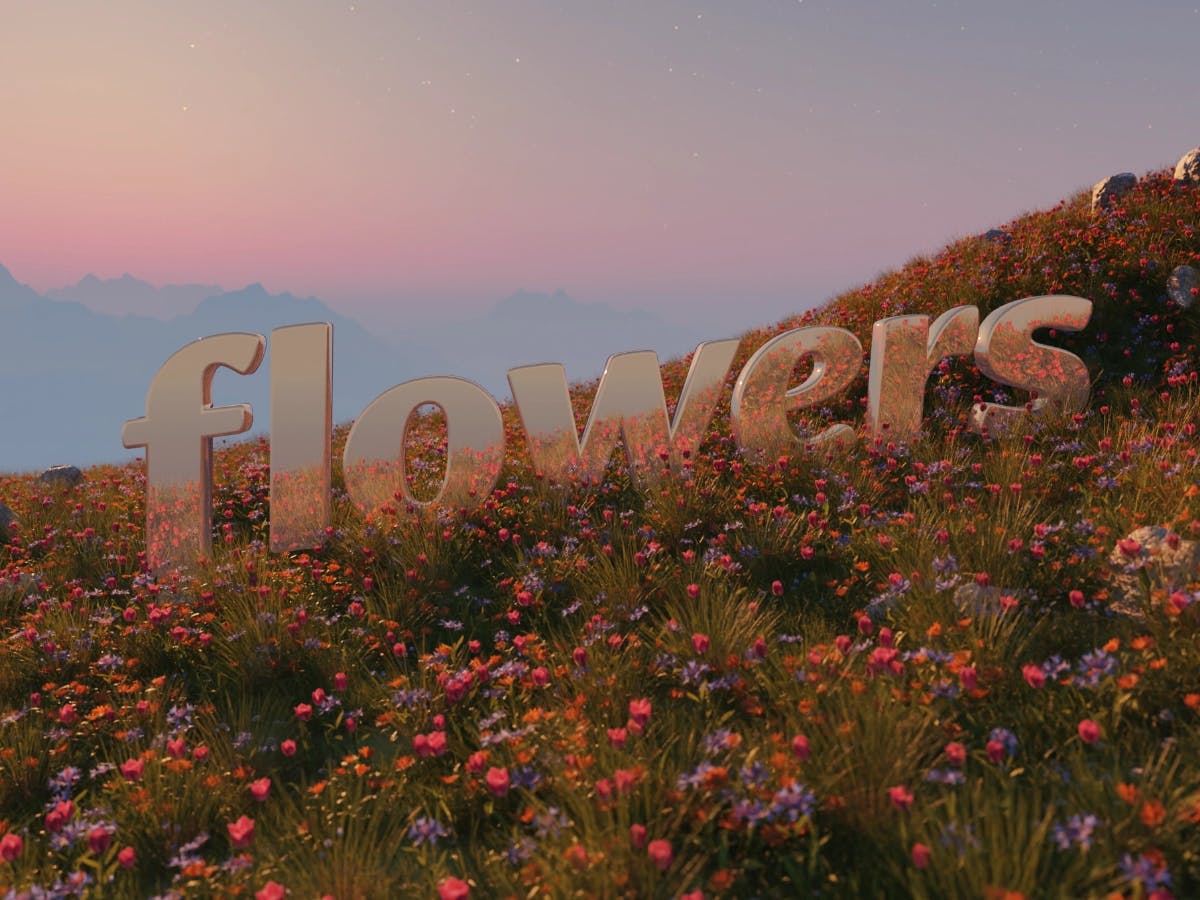 a 3d render of a flower field atop a mountain. in the background, a hazy mountain range is visible. amidst the field is the word 'flowers' in golden metal, reflecting the plants around it.