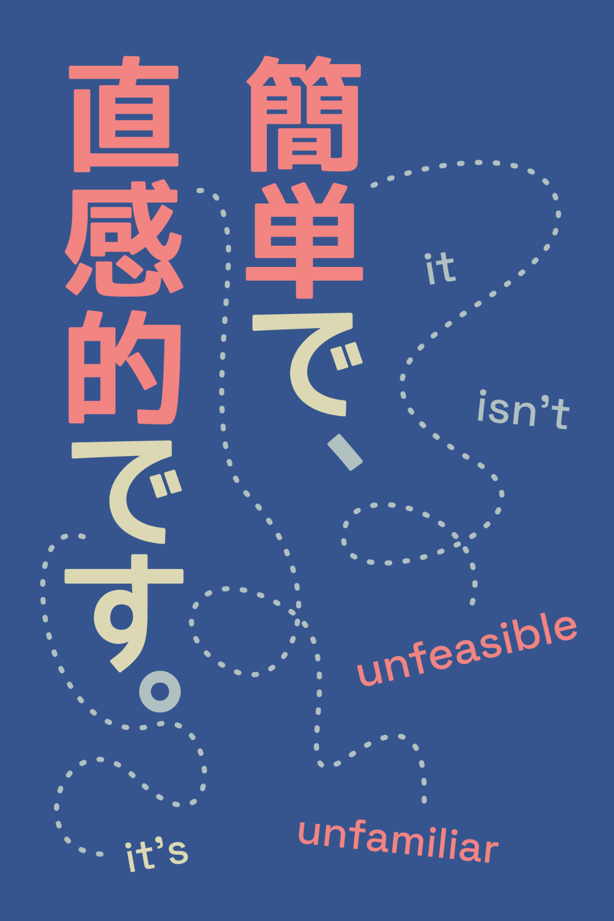 using English and Japanese to show contrast in types of sentence structure. the Japanese text reads, "it's easy, it's intuitive." while sentences in English generally follow a subject-verb-object order, Japanese places verbs at the ends of sentences, with verb objects coming before them. 