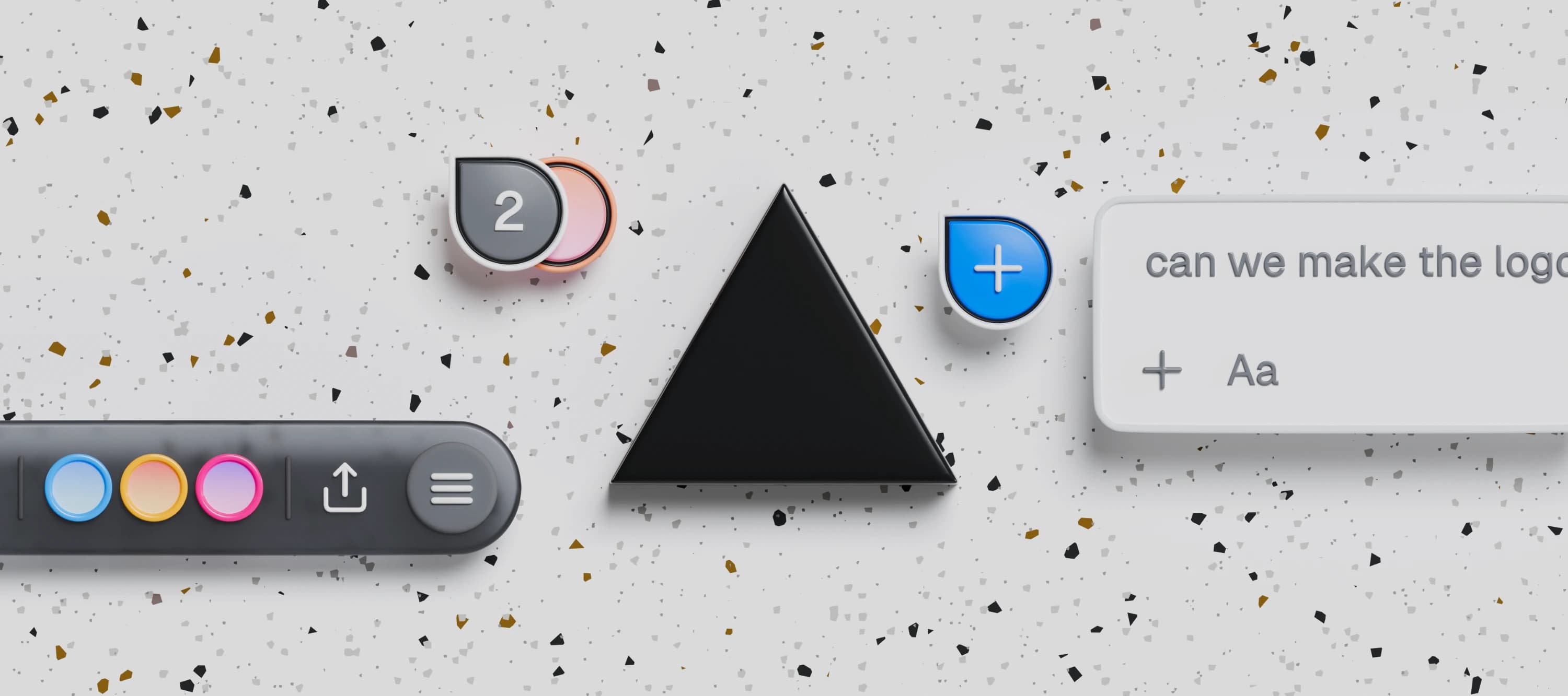 3d illustration of the Vercel triangle logo against a wall of terrazzo. the logo surrounded by the Vercel toolbar and pins from preview comments. a floating comment reads, "can we make the logo bigger?"