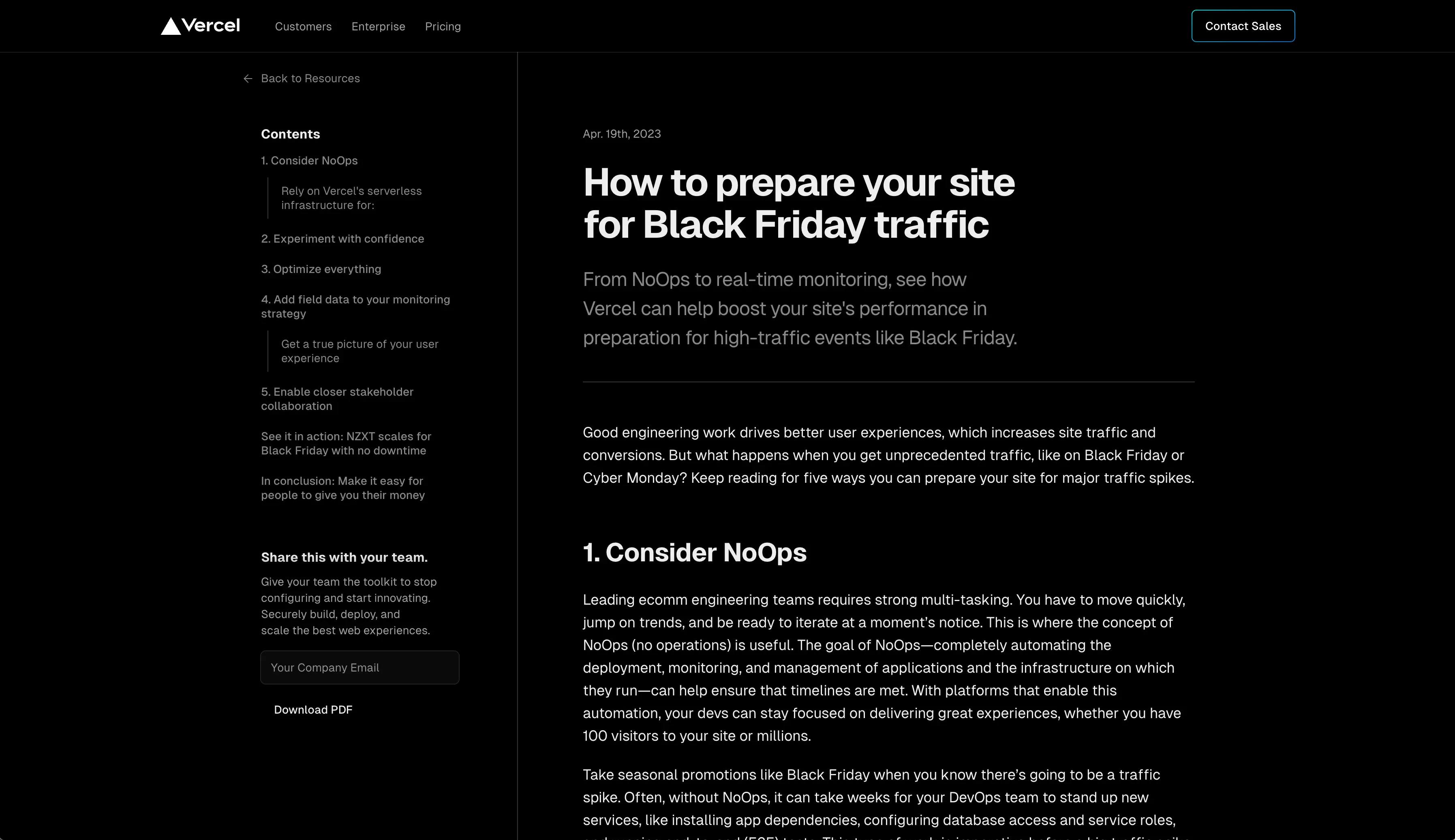 screenshot of an article page. the heading reads "How to prepare your site for Black Friday traffic". to the left of the article, a sidebar contains a table of contents and a share button.