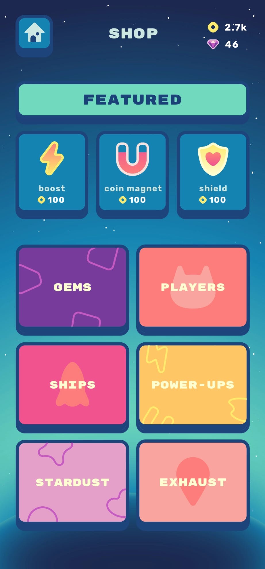 screenshot of the shop home screen. at the top are featured items, including the boost, coin magnet, and shield power-ups. at the bottom are category buttons: gems, players, ships, power-ups, stardust, and exhaust.