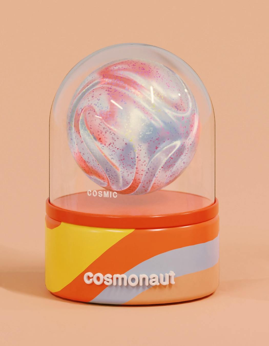 a spherical jawbreaker candy floats in its capsule, featuring a metallic surface with wavy grooves all around. the label reads 'cosmic'.