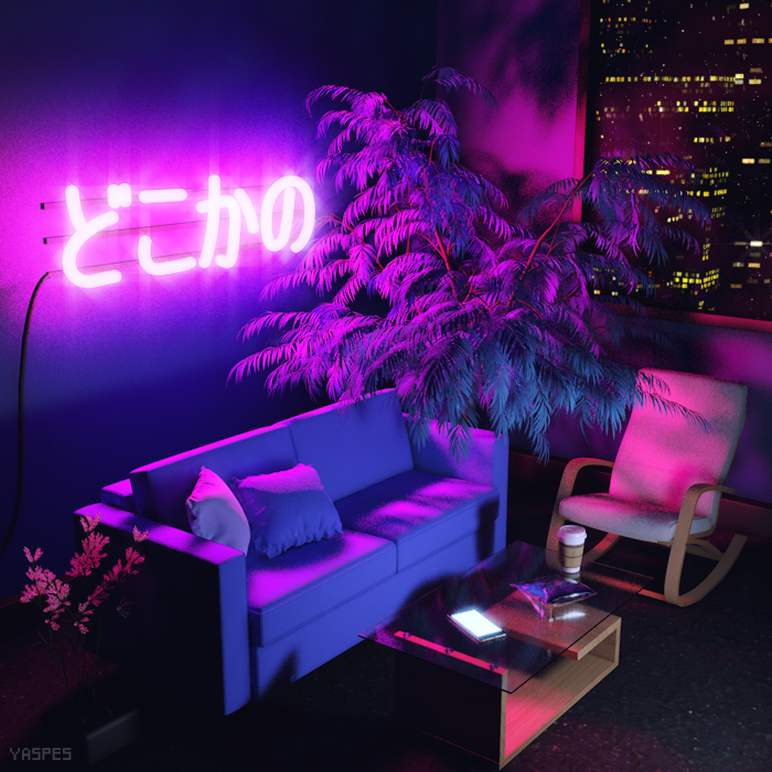 A large neon sign reading "somewhere" in Japanese hangs above a sofa. A glass coffee table holds a glowing phone and a Starbucks cup. A rocking chair sits under a large palm plant, in front of a window depicting a city scape.