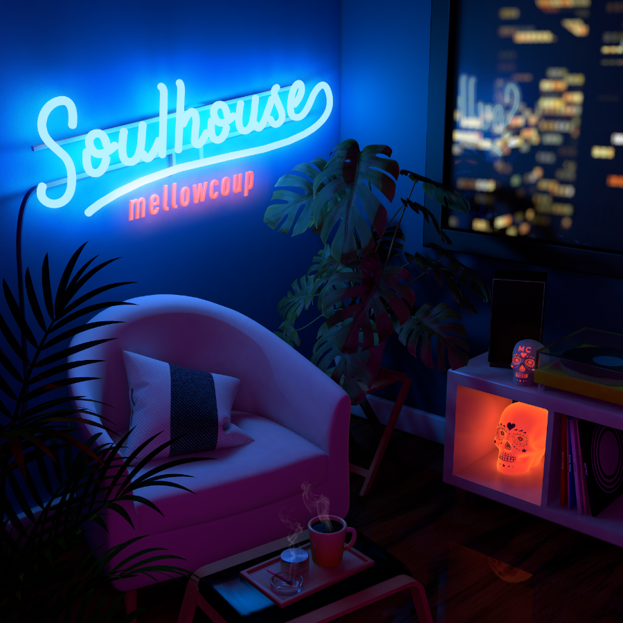 a neon sign reading "Soulhouse" illuminates an armchair obscured partially by a palm plant. on an ottoman lies an ashtray and a coffee. a sugar skull in a shed is beside a cubby of vinyl records. a monstera overlooks a large window with skyscrapers behind.