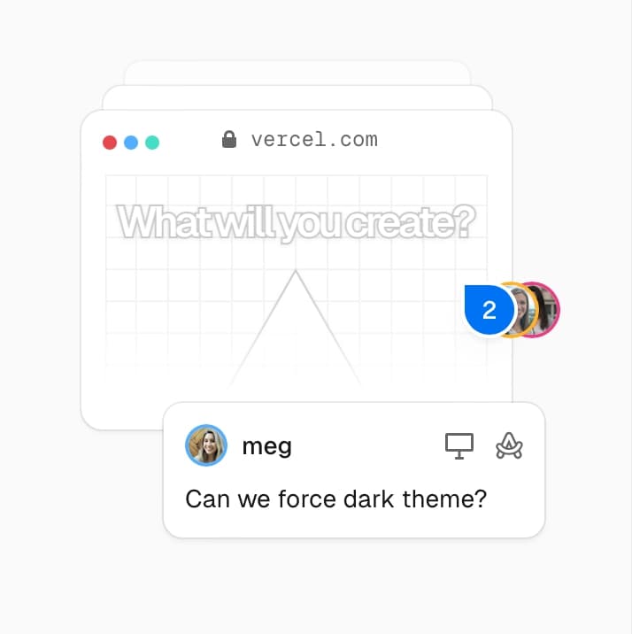 A comment from Meg floats over a browser window depicting a Preview Deployment of vercel.com. Meg's comment reads, 'Can we force dark theme?'