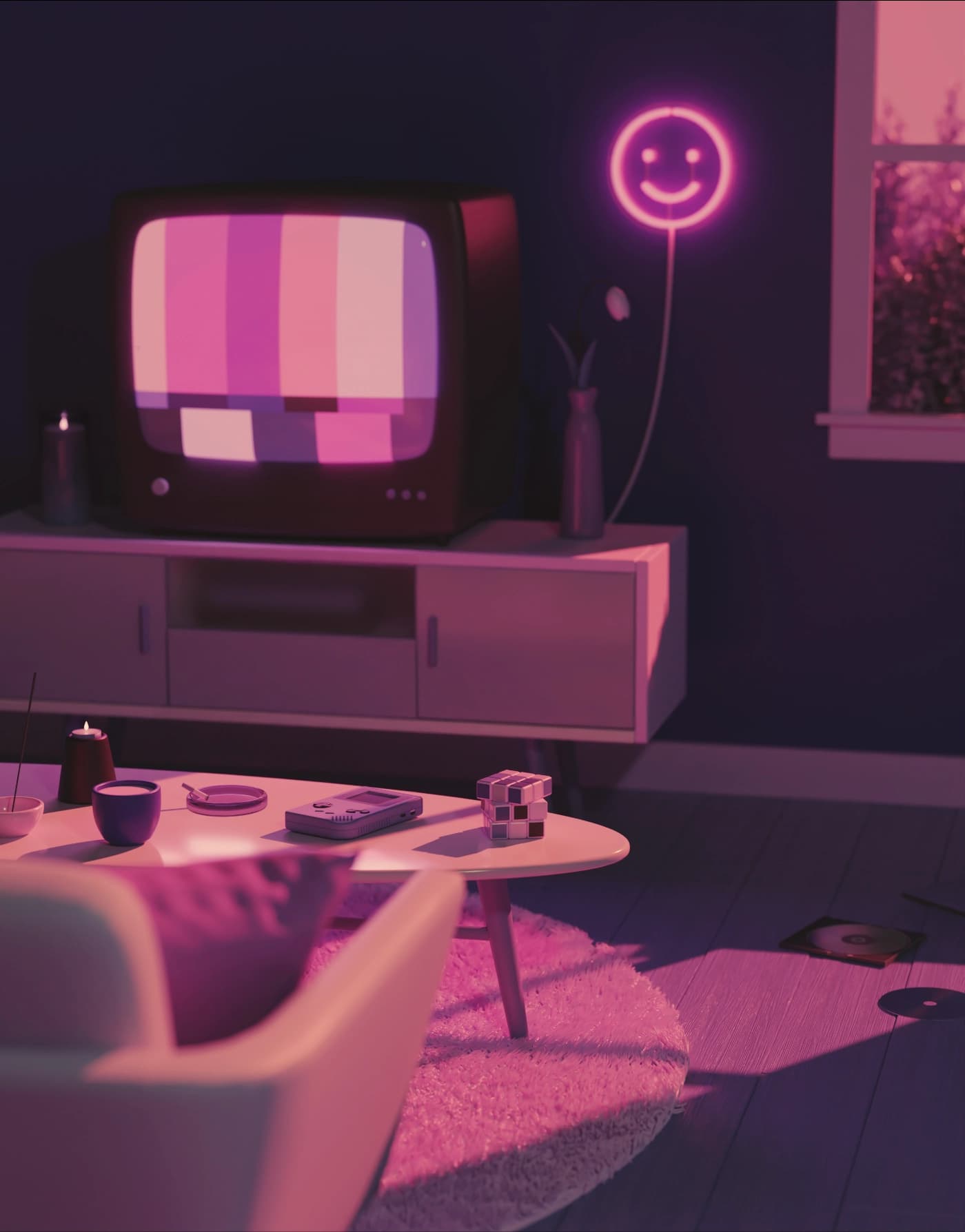 view of a living room from behind a sofa. a round rug sits beneath a midcentury oval coffee table containing a Rubik's cube, a gameboy, an ashtray, a cup of tea, and a candle. in front is a TV stand, beside a neon sign of a smiley face.