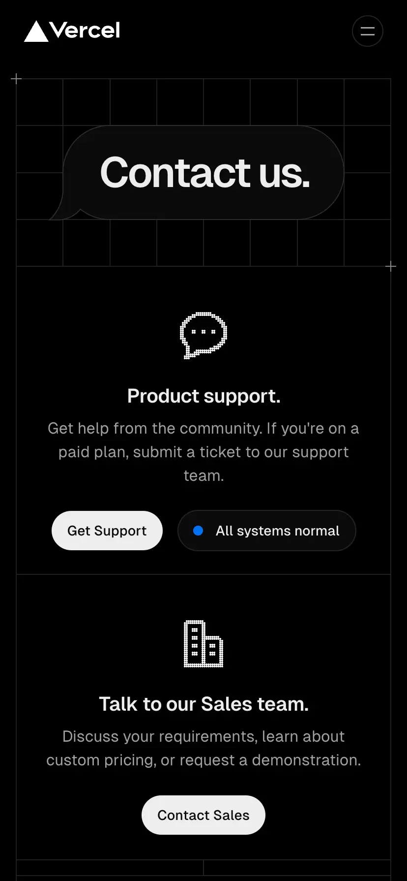 screenshot of the mobile dark theme Contact page.