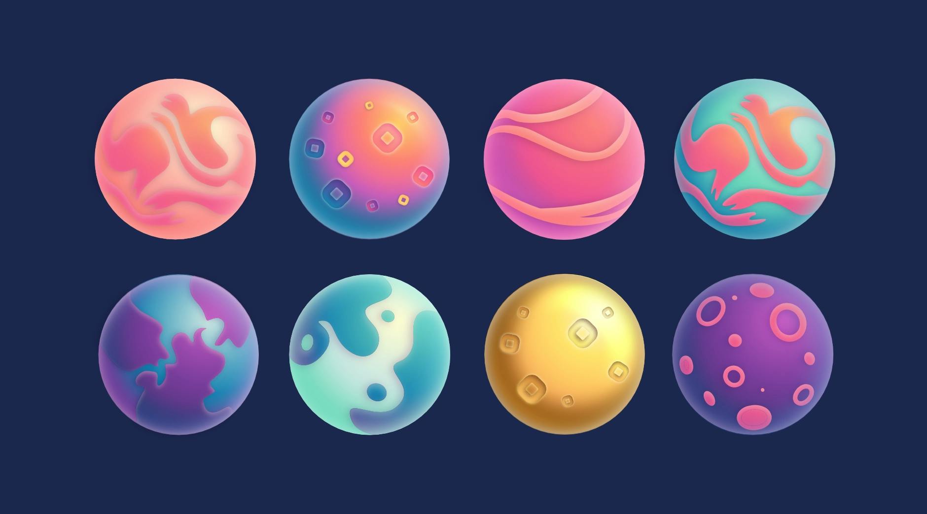 eight planets created from the procedural algorithm.  two have wispy, cloud-like features. another has continent-like features, and another has craters. two planets feature coin-shaped indentations -- these are the coin planets from which the player can collect lots of coins if they orbit around it!