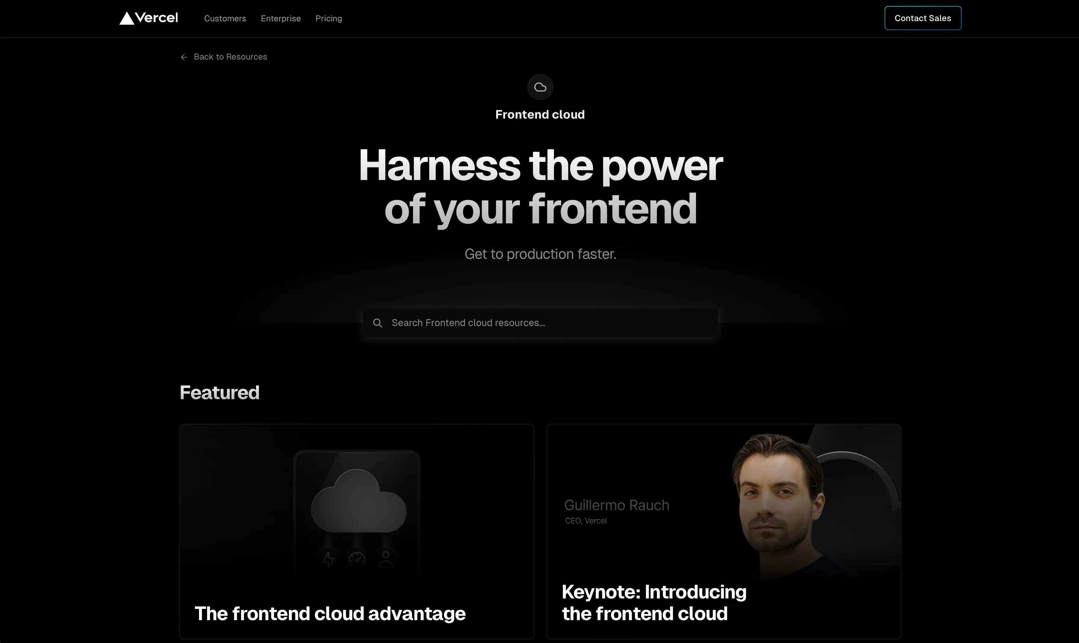 screenshot of the "Frontend cloud" resource collection page. the heading reads "Harness the power of your frontend". a picture of Guillermo Rauch is visible at the bottom. his head floats ominously.