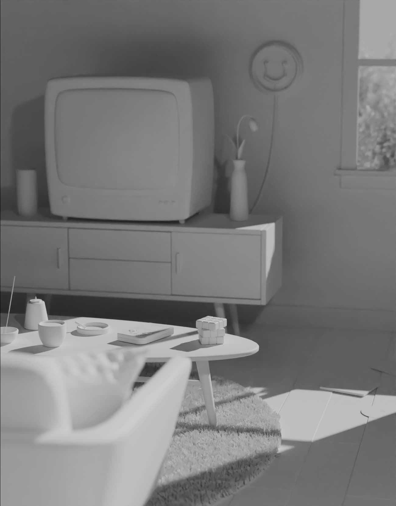 the previous TV scene, rendered such that every object has the same solid grey-colored material.