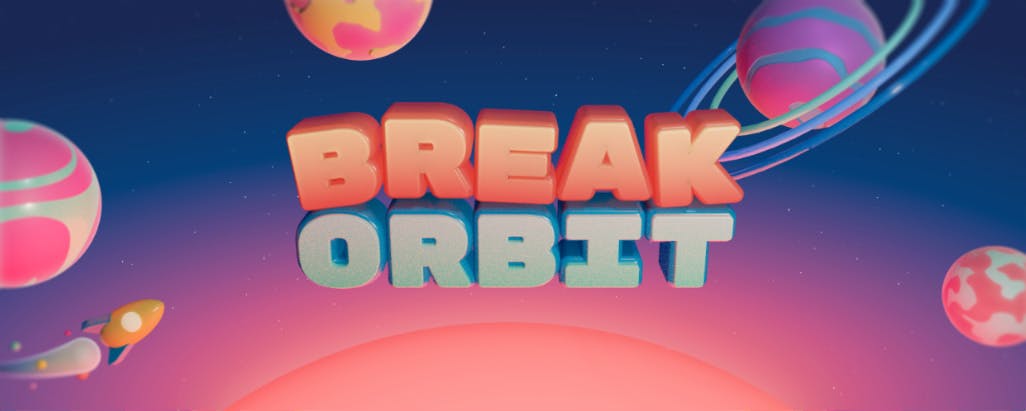 3d illustration of the "break orbit" logo floating in space, showing four planets and a large sun-like star, as well as  a rocket orbiting a planet