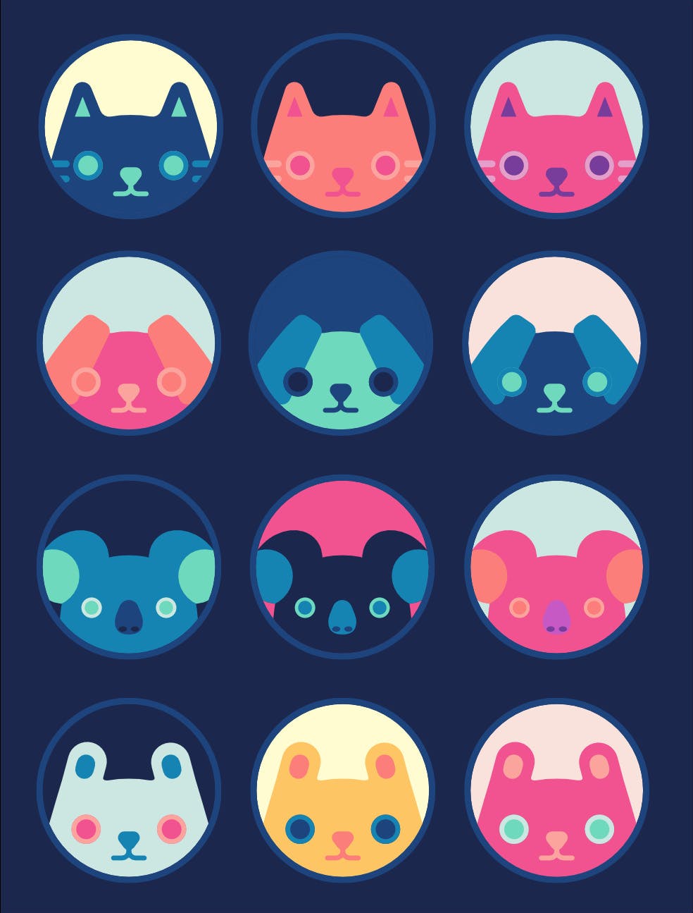game character icons: a cat, a dog, a koala, and a rabbit