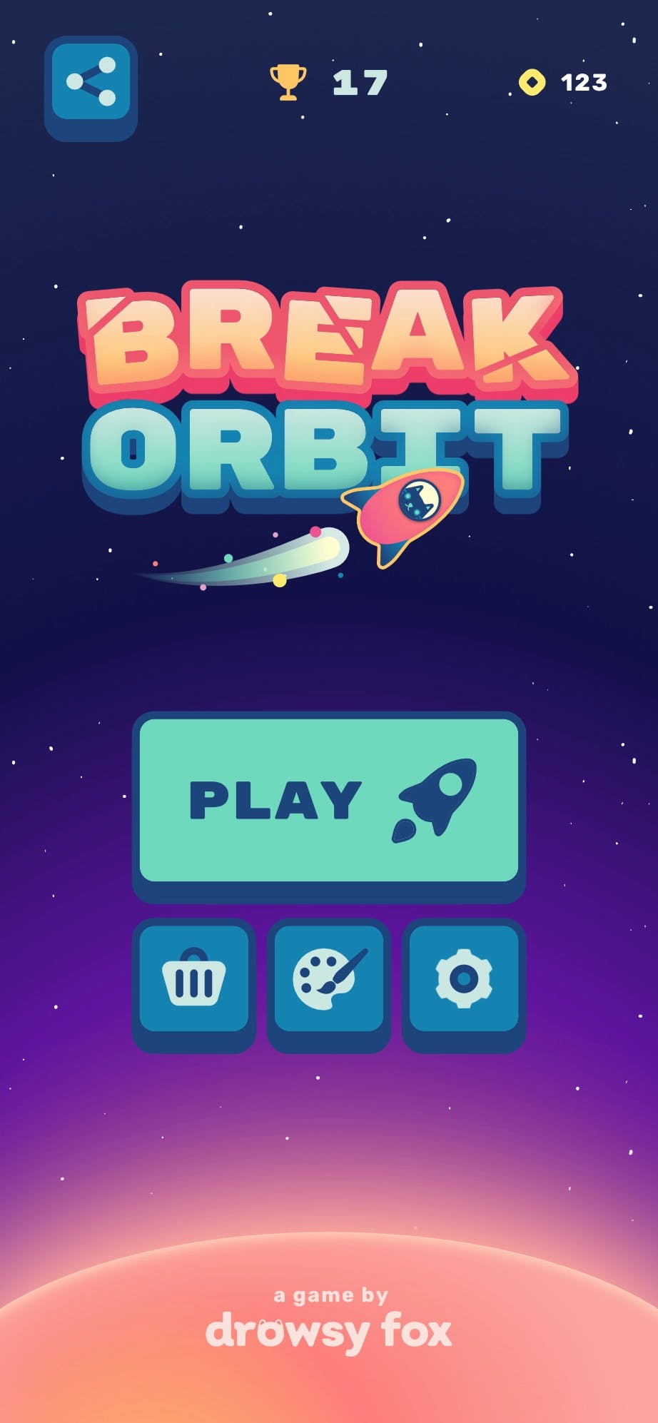 screenshot of the game home screen. a large button reading 'PLAY' sits beneath the game logo, around which a cat in a rocket ship orbits. 