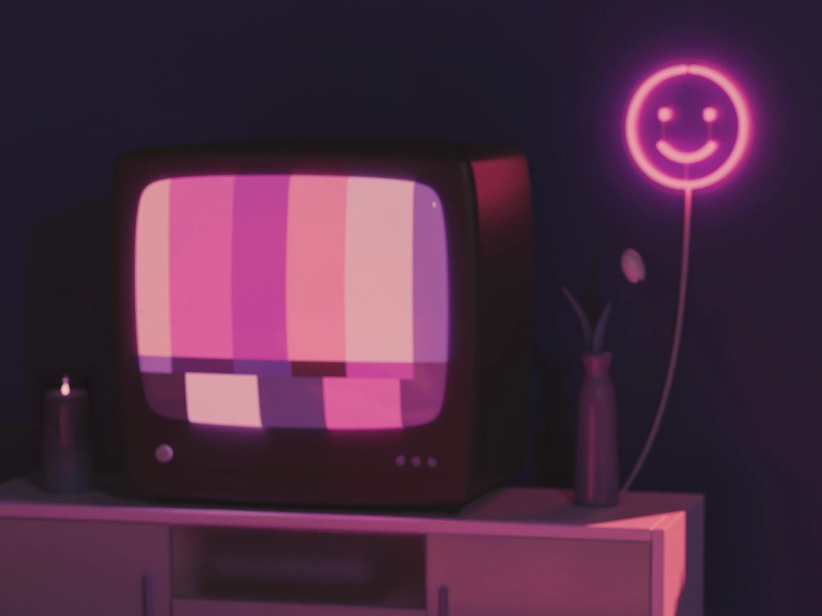 stylized 3D render of a retro television atop a TV stand. to its left is a dimly lit candle, with only the flame visible. to its right sits a tall, thin vase with a single white rose. to the right, on the wall behind the television, a neon sign glows, shaped like a smile.