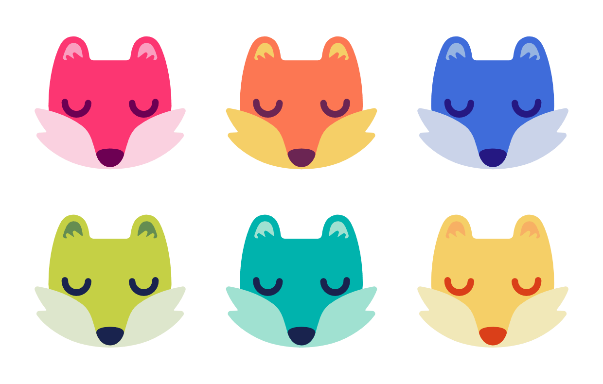 drafts of the drowsy fox logo in various color palettes