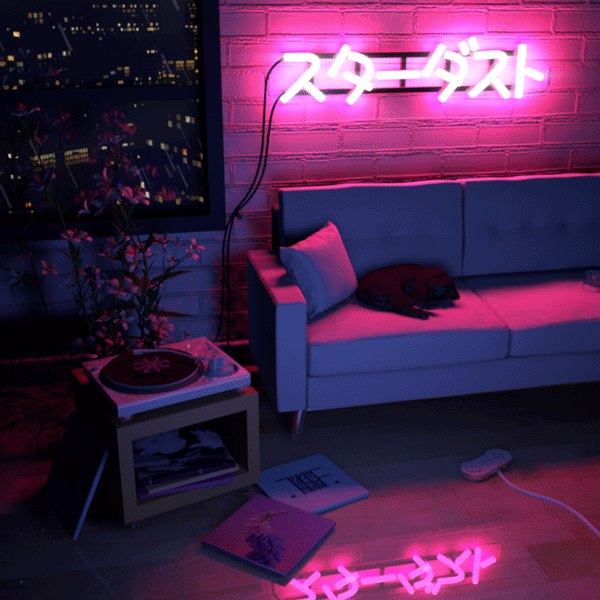 a nighttime scene of a living room. a sleeping cat atop a couch lies below a neon sign reading "stardust" in Japanese. a turntable spins slowly on a side table surrounded by records strewn about on the floor.
