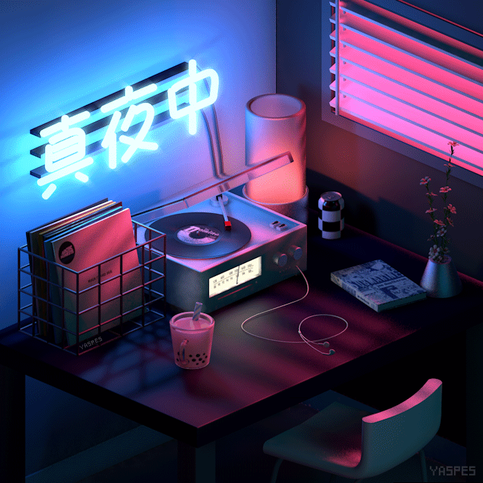 a neon sign reading 真夜中 illuminates a desk with a vinyl records, a cup of boba tea, a tube-shaped lamp, a soda can, a book, and some flowers on a desk. a turntable on the desk spins a record.