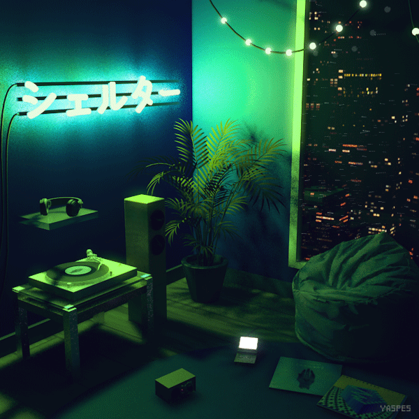 A flickering neon sign reading "shelter" in Japanese glows above an audio setup which contains headphones, a turntable, and a bookshelf speaker. A bean bag sits in front of a large window depicting city buildings. A medium-sized palm plant is in the corner, behind an illuminated GameBoy SP and vinyl record sleeves on the floor.