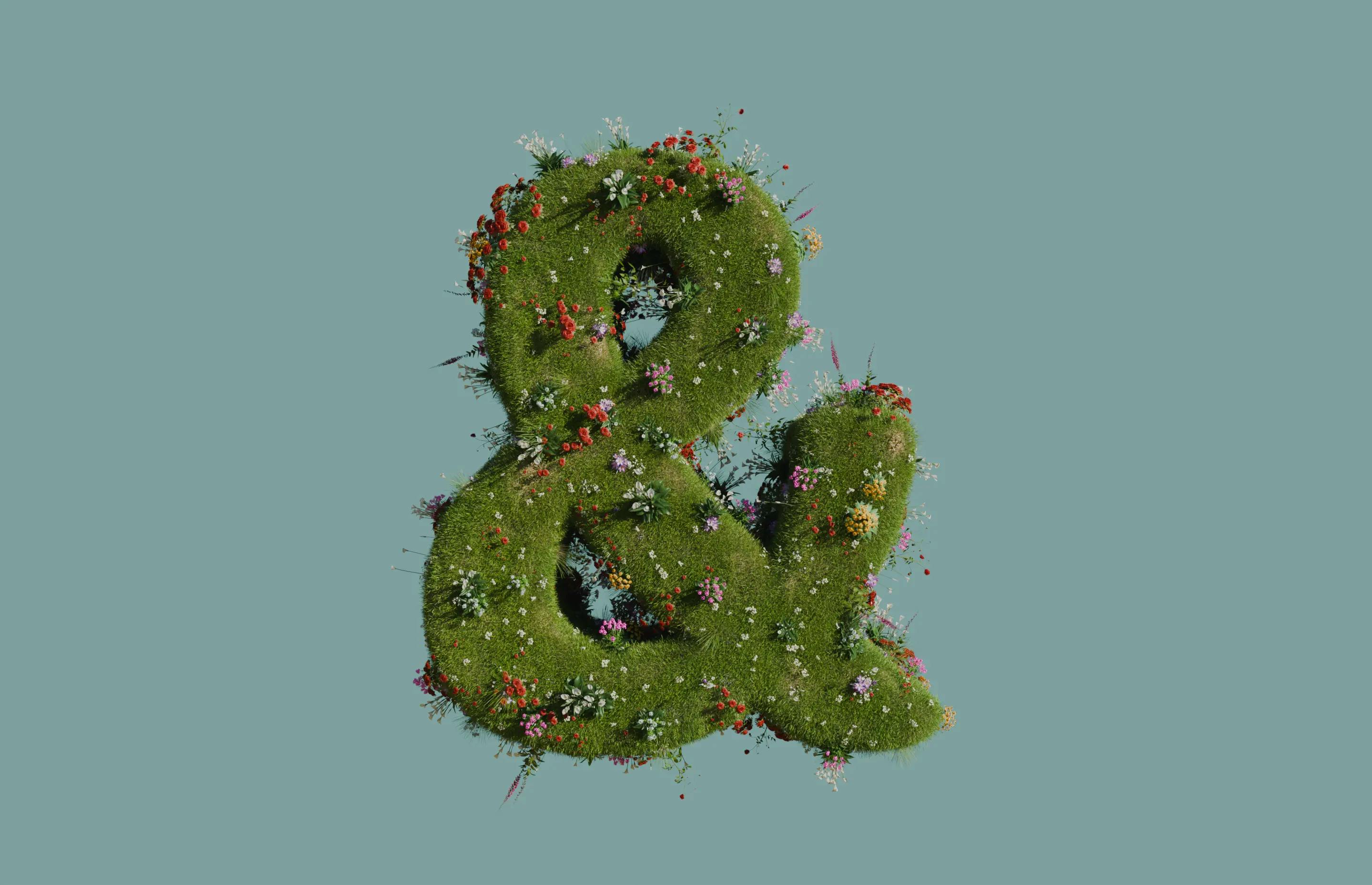 a 3D-render of an ampersand. it's covered in thick grass and a variety of flowers of different shapes and sizes that stick out from its form.
