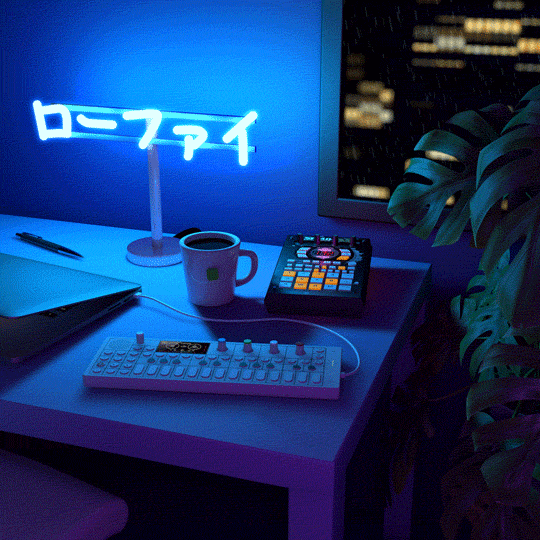 A neon sign reading "lo-fi" in Japanese illuminates a desk at night. Through a window, city buildings appear. On the desk is a half-closed MacBook, a pen, a mug of tea, and some music production equipment, including an OP-1. A monstera plant sits beside the desk, partially out of frame.