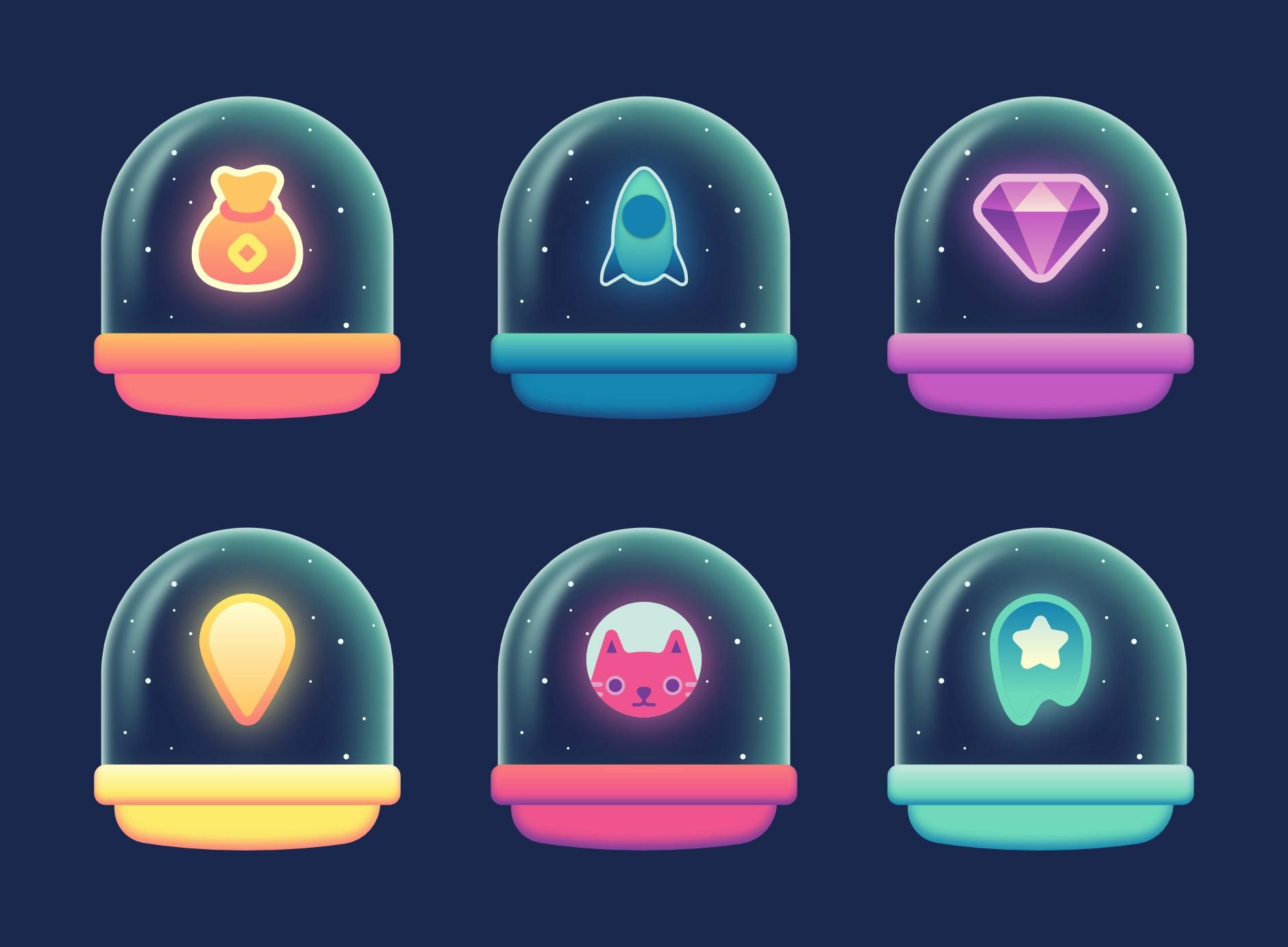 six capsules, each containing an item from the game shop: a bag of coins, a rocket ship, a gem, an exhaust trail option, a cat character, and a boost power-up
