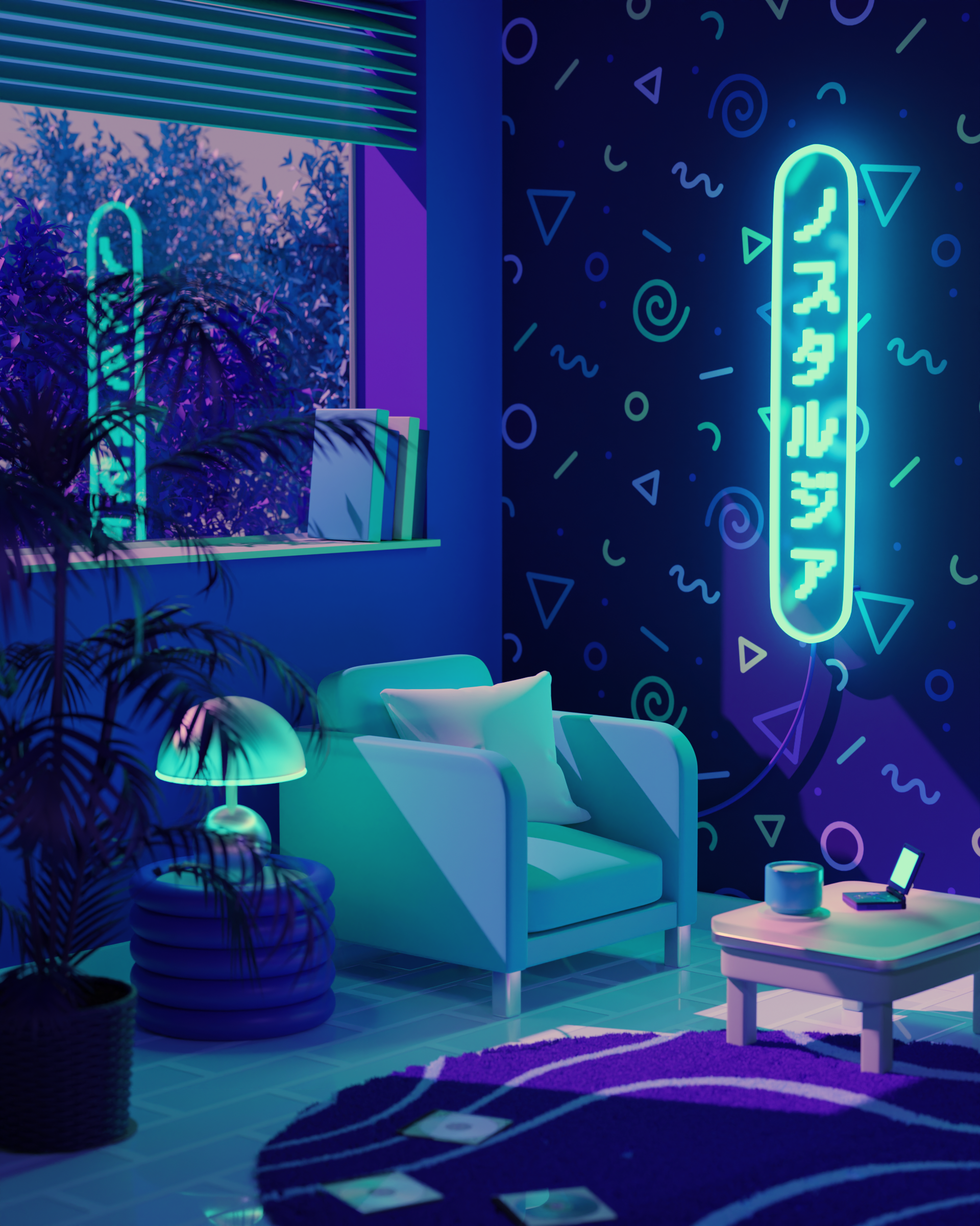 a room with a neon sign reading ノスタルジア illuminates an armchair chair against a window, with books on the window sill. a coffee table holds a gameboy SP and a matcha latte in a mug. there are three CDs on the floor.