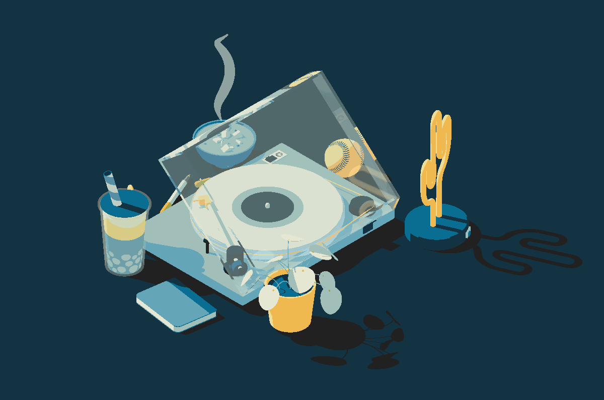 looping animation of a scene containing a turntable with a record on it, surrounded by a cactus-shaped lamp, a cup of boba tea, a pile plant, a baseball, a bowl of miso soup, a Copic marker, and a small notebook. this scene features an alternate color palette from the previous.