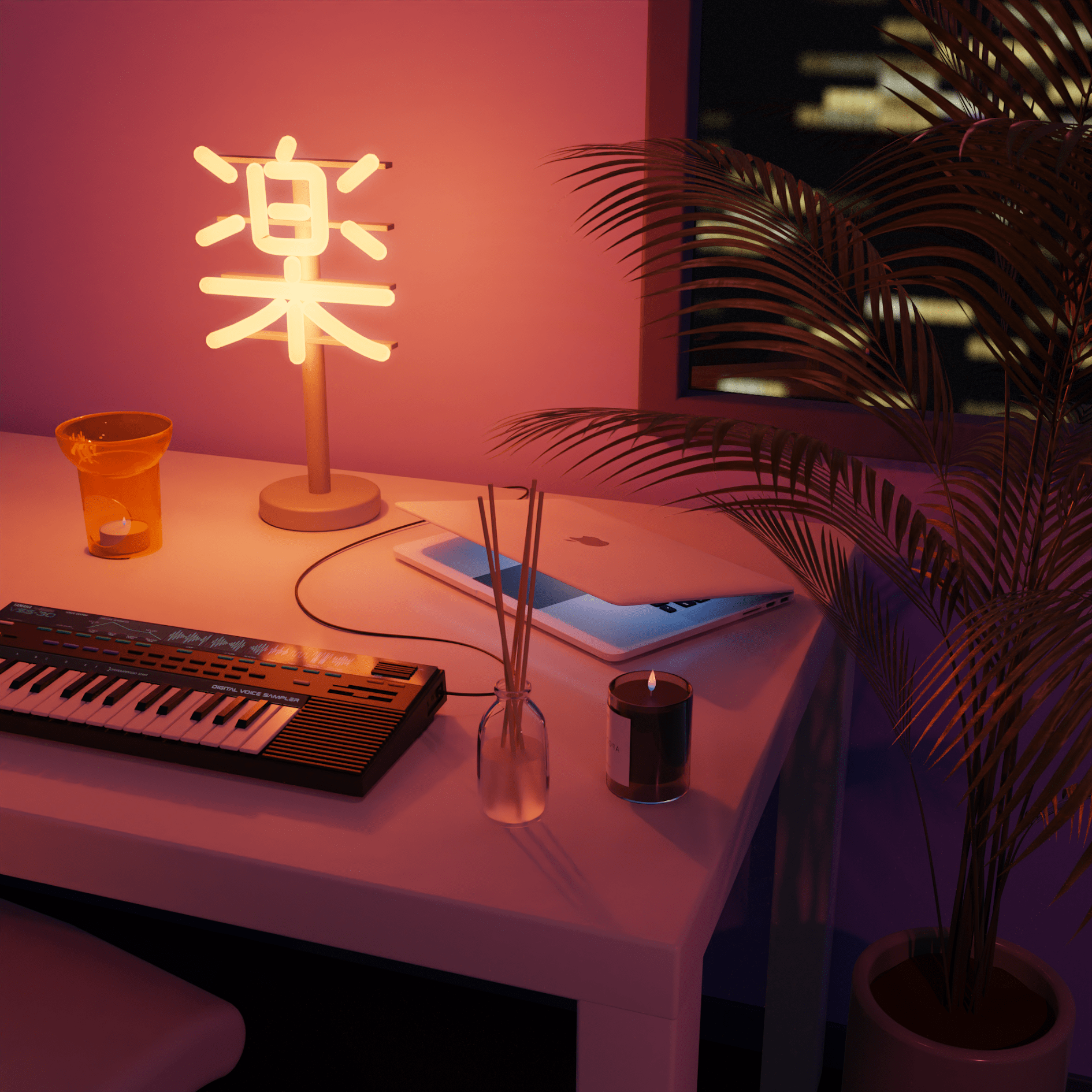 A neon sign featuring the Japanese character for "comfort" illuminates a desk containing a music keyboard and a half-closed MacBook. A small glass lantern holds an unlit candle. An oil diffuser is beside a dimly-lit large candle, and large palm fronds encompass the desk, drooping over to slightly obscure a cityscape seen through a window.