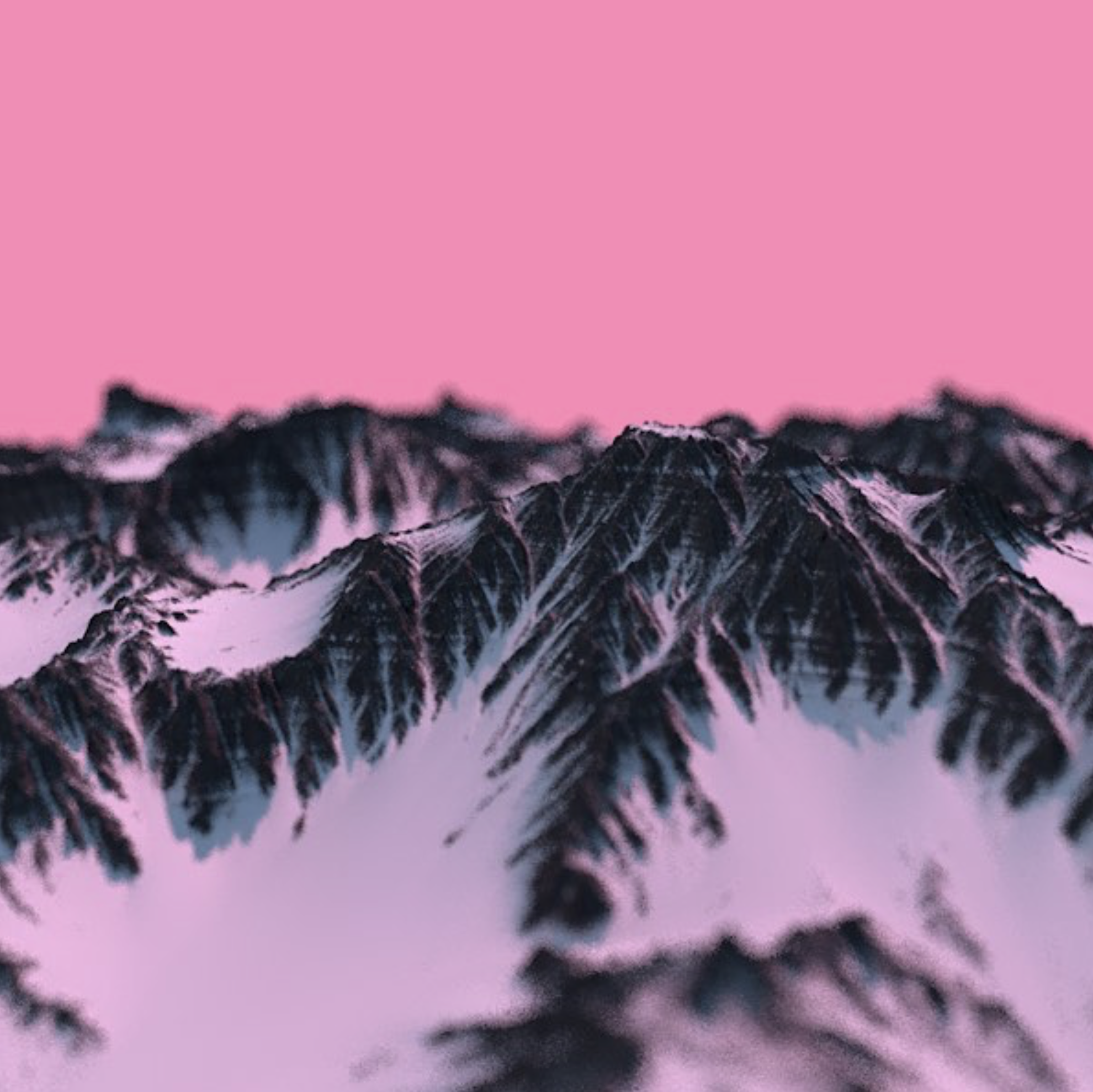 3D render of a snowy mountain range. the camera focus gives the effect that the mountain is small, like it's part of a toy set. the sky is solid pink, giving an alien yet warm feel to the image.