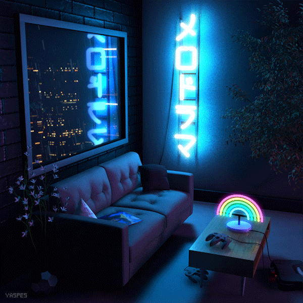 A night scene depicting a soft sofa in front of a large window, where city buildings can be seen behind a downpour of rain. A neon sign reading "melodrama" in Japanese illuminates the scene, and a rainbow-shaped neon sign sits atop a coffee table. A Nintendo 64 controller and a vinyl record are scattered about.