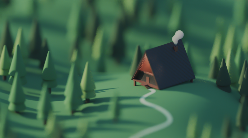 a cute, stylized 3D render of an A-frame cabin in a forest. the camera tilt-shift focus gives the effect of it looking like the scene is very small. atop the cabin, a chimney puffs a cloud of steam. the cabin is surrounded by trees shaped like cones. a winding path follows from the cabin door to outside the frame.